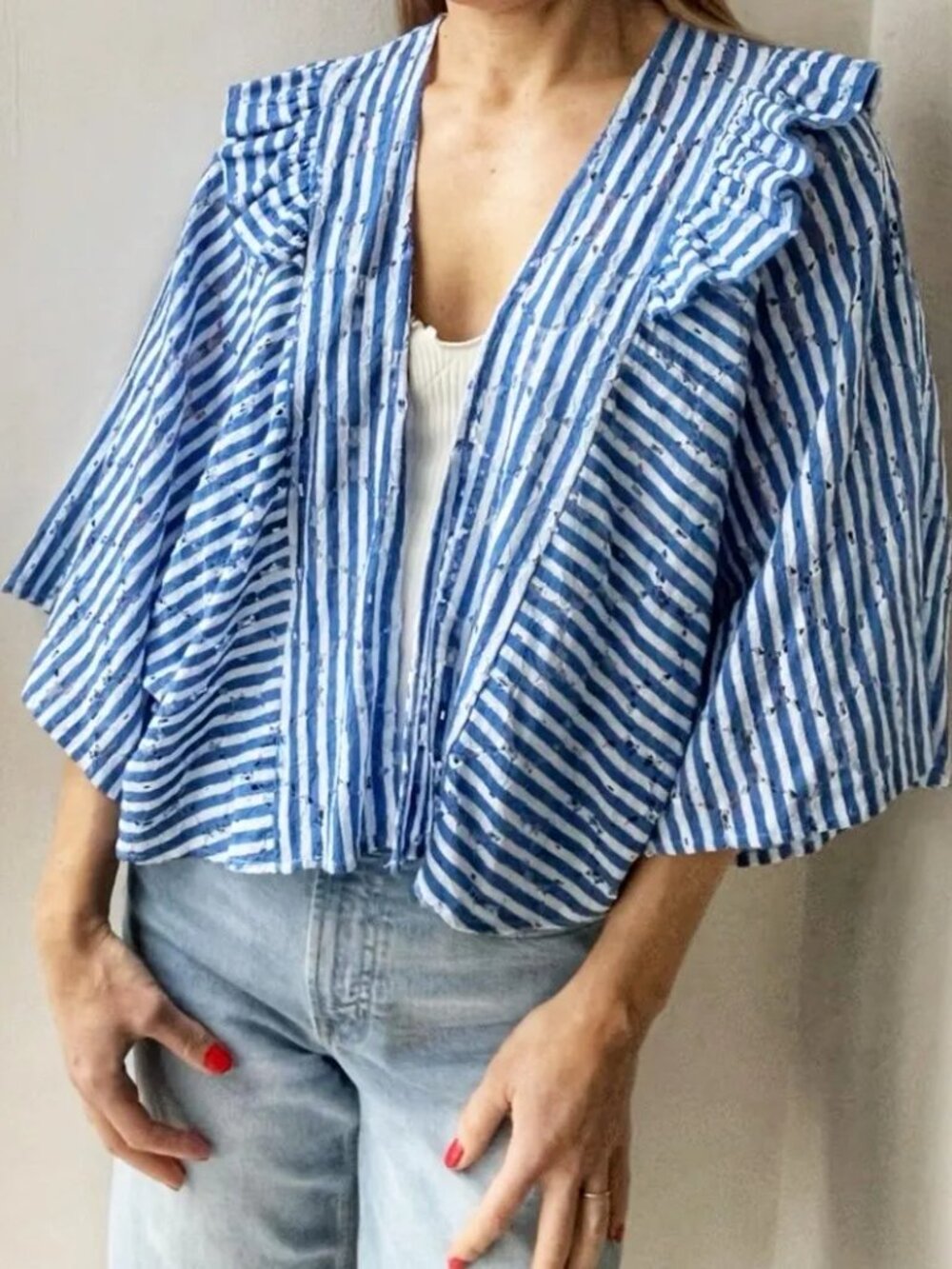 Anthropologie Striped Kimono: Ruffled Collar, Open Front - One Size